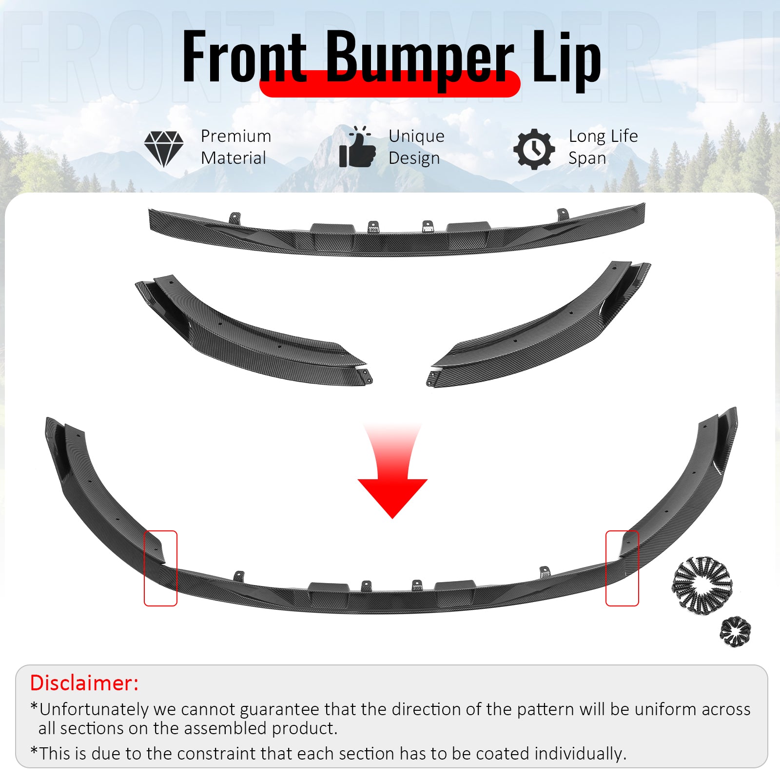 Fits 25-26 Tesla Model Y Front Bumper Lip Carbon Fiber Print 3PC ABS V2 Spoiler