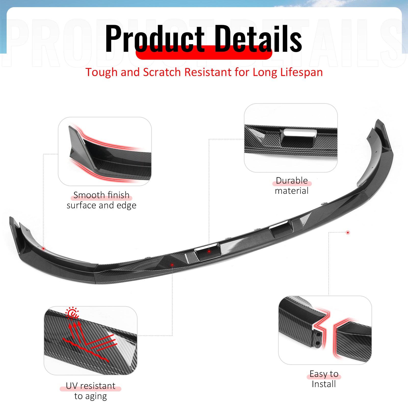 Fits 25-26 Tesla Model Y Front Bumper Lip Carbon Fiber Print 3PC ABS V2 Spoiler