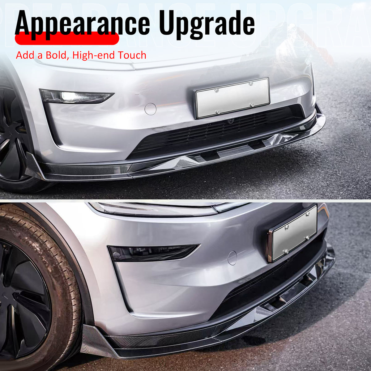 Fits 25-26 Tesla Model Y Front Bumper Lip Carbon Fiber Print 3PC ABS V2 Spoiler