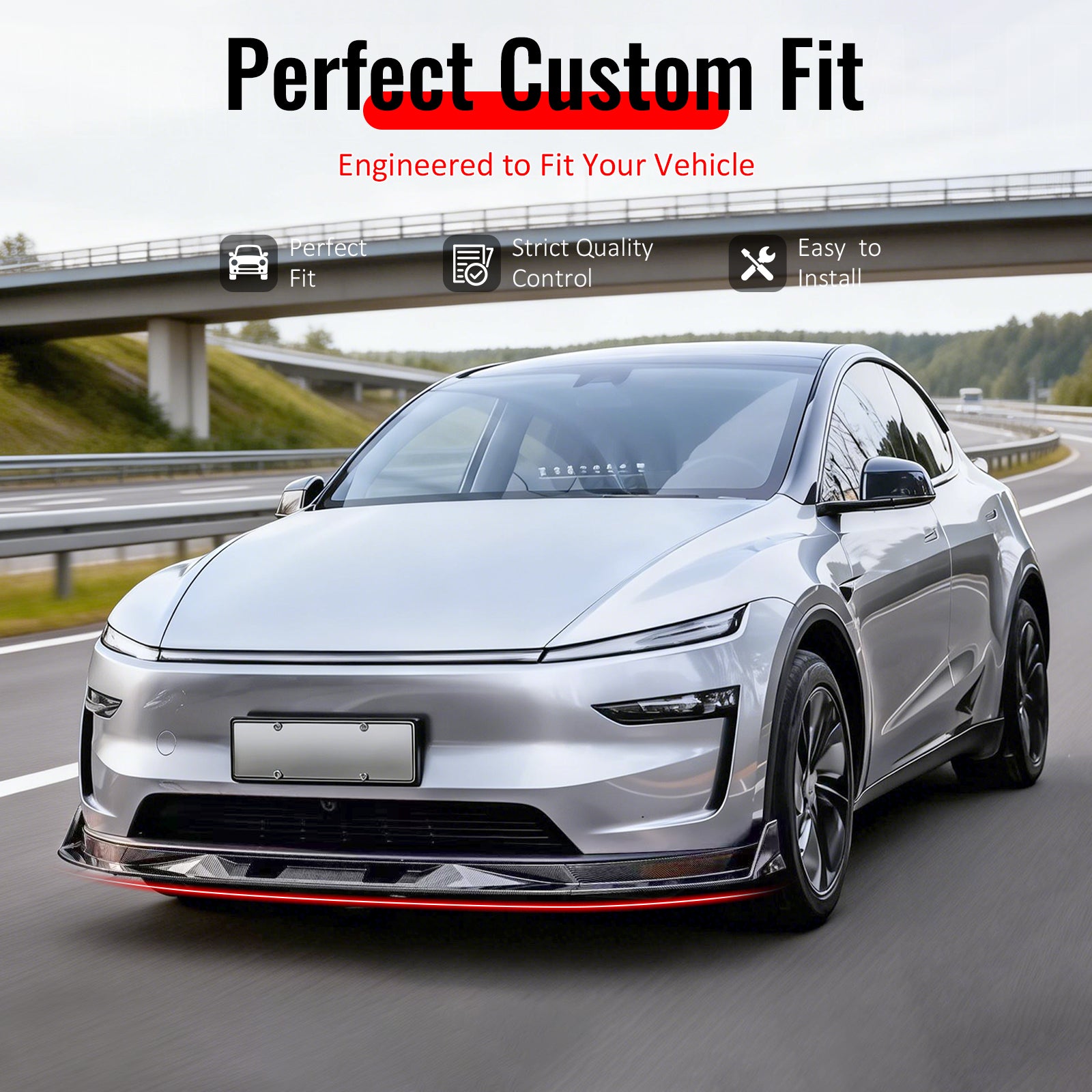 IKON MOTORSPORTS Front Bumper Lip, Compatible with 2025-2026 Tesla Model Y (New Model Y, Code Juniper), IKON V2 Style Gloss Black ABS Air Dam Chin Spoiler Protector Splitter 3PCS