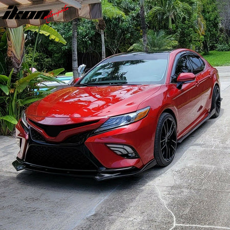 IKON MOTORSPORTS Front Bumper Lip, Compatible with 2018-2020 Toyota Camry SE XSE, GT Style Unpainted Black PU Polyurethane Air Dam Chin Spoiler Protector Splitter
