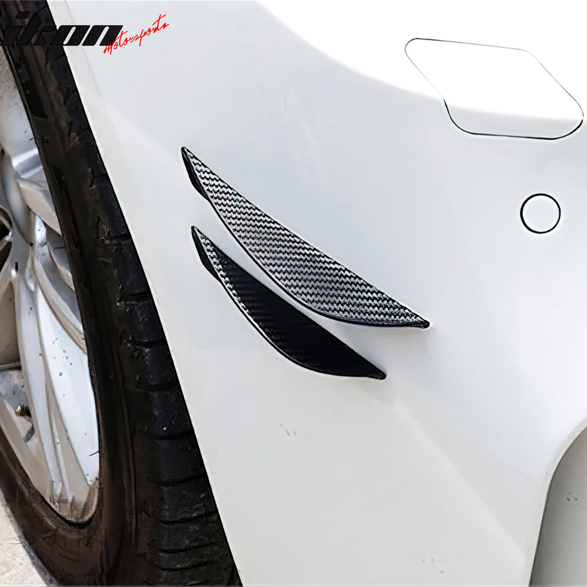 IKON MOTORSPORTS Universal Fitment Front Bumper Canards Splitters, Black Polyurethane Carbon Fiber Print Style Spoiler Protector Splitters Fin, for Most Cars Sedan Coupe Hatchback Wagon 4PCS
