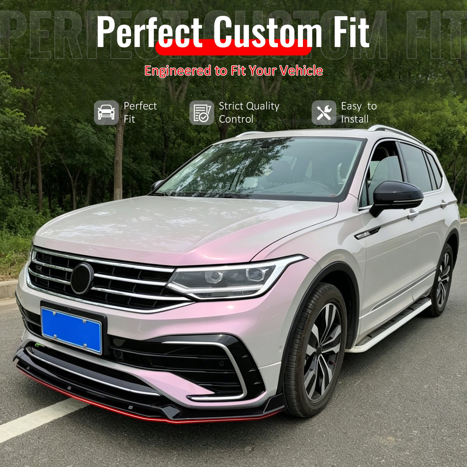 IKON MOTORSPORTS Front Bumper Lip, Compatible with 2022-2024 Volkswagen Tiguan SE R-Line / SEL R-Line, IKON Style Gloss Black PP Polypropylene Add-on Air Dam Chin Spoiler Protector Splitter 4PCS