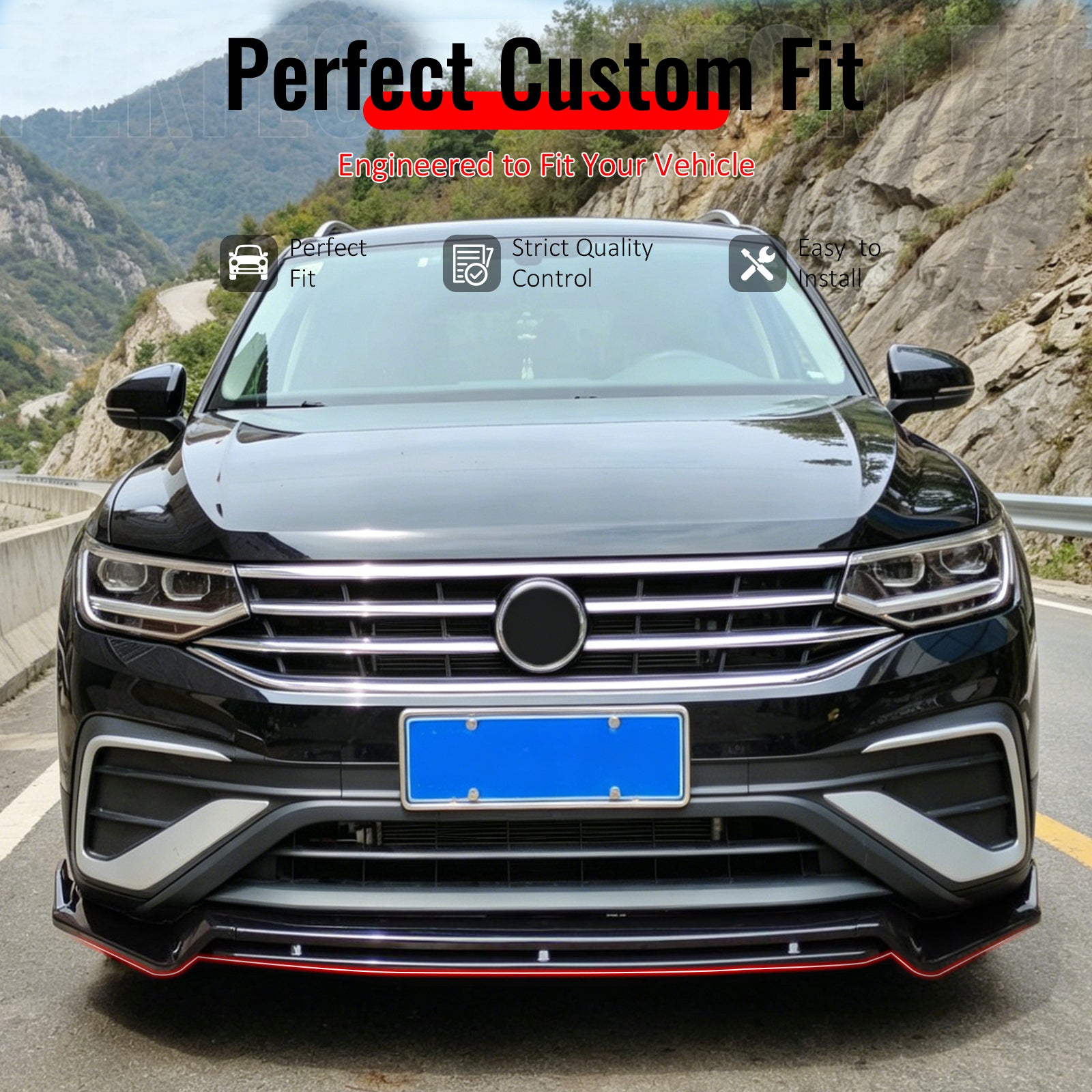 IKON MOTORSPORTS Front Bumper Lip, Compatible with 2022-2024 Volkswagen Tiguan S / SE / Wolfsburg Edition Base Models, IKON Style Gloss Black PP Add-on Air Dam Chin Spoiler Protector Splitter 4PCS