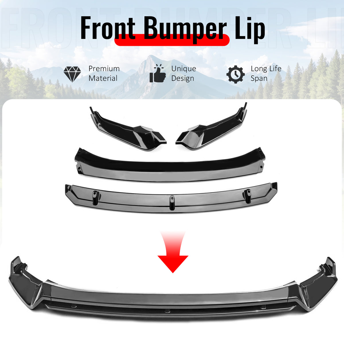 Fits 22-24 VW Tiguan S SE Base IKON Front Bumper Lip Chin Spoiler Gloss Black