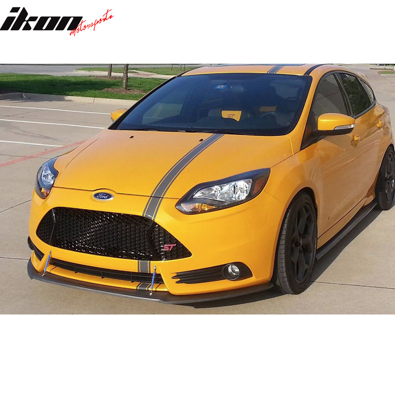 IKON MOTORSPORTS, Front Splitter Lip & Rods Compatible With 2013-2014 Ford Focus ST, Matte Black Polypropylene Replacement Bodykit Air Dam Chin Bumper Spoiler Lip With Blue Splitter Rods