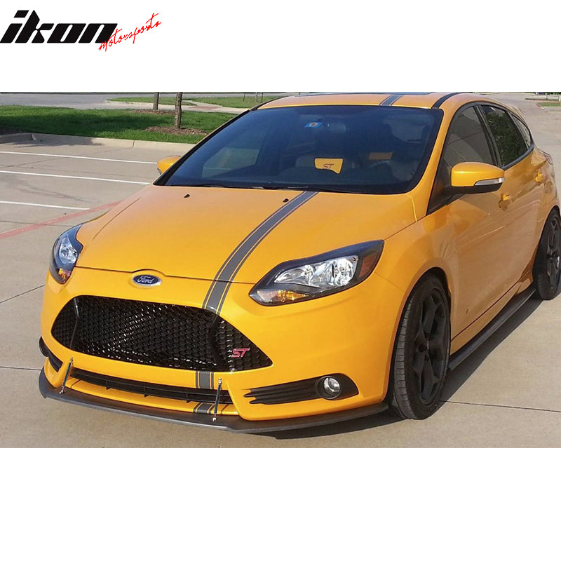 IKON MOTORSPORTS, Front Splitter Lip & Rods Compatible With 2013-2014 Ford Focus ST, Matte Black Polypropylene Replacement Bodykit Air Dam Chin Bumper Spoiler Lip With Rods Carbon Fiber CF