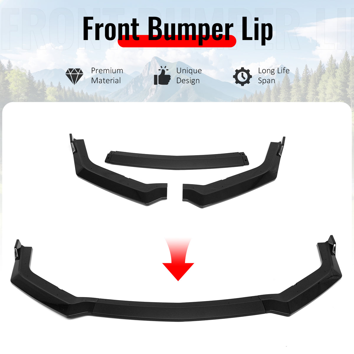 Fits 18-23 Ford Mustang EcoBoost/GT Front Bumper Lip Spoiler PP Gloss Black 3PCS