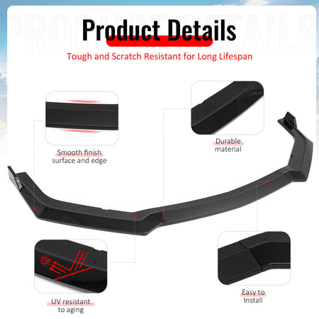 Fits 18-23 Ford Mustang EcoBoost/GT Front Bumper Lip Spoiler PP Gloss Black 3PCS