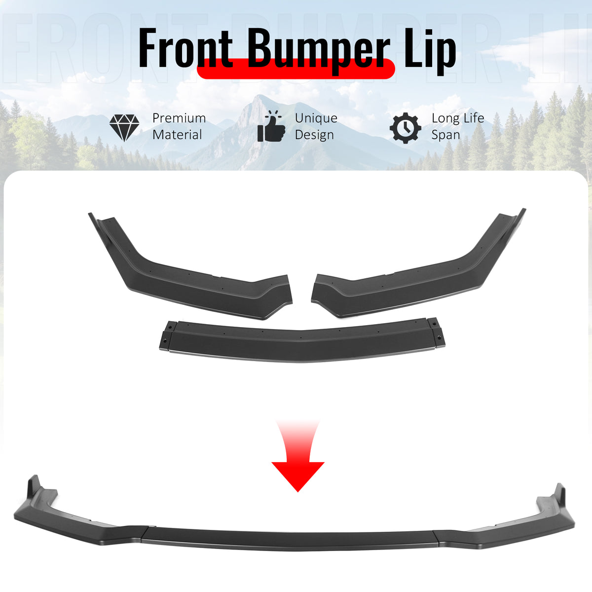 Fits 18-23 Ford Mustang EcoBoost/GT Front Bumper Lip PP Unpainted Black 3PCS