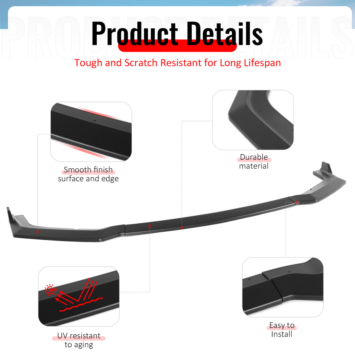 Fits 18-23 Ford Mustang EcoBoost/GT Front Bumper Lip PP Unpainted Black 3PCS