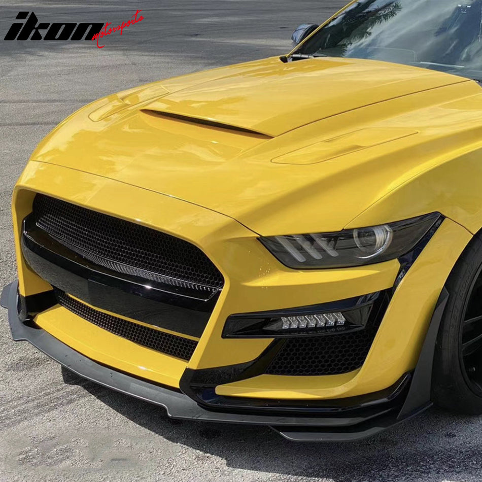 IKON MOTORSPORTS, Front Winglets Replacement Compatible With 2015-2023 Ford Mustang With Modified GT500 Style AMPP Front Bumper, 2PCS Front Bumper Lip Corner Spoiler Winglet PP Unpainted GT500 Style