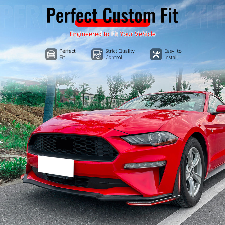 IKON MOTORSPORTS Front Bumper Corner Winglets, Compatible with 2018-2023 Ford Mustang Ecoboost & GT, GT500 Style Carbon Fiber Print ABS Plastic Air Dam Chin Spoiler Protector Splitter 2PCS