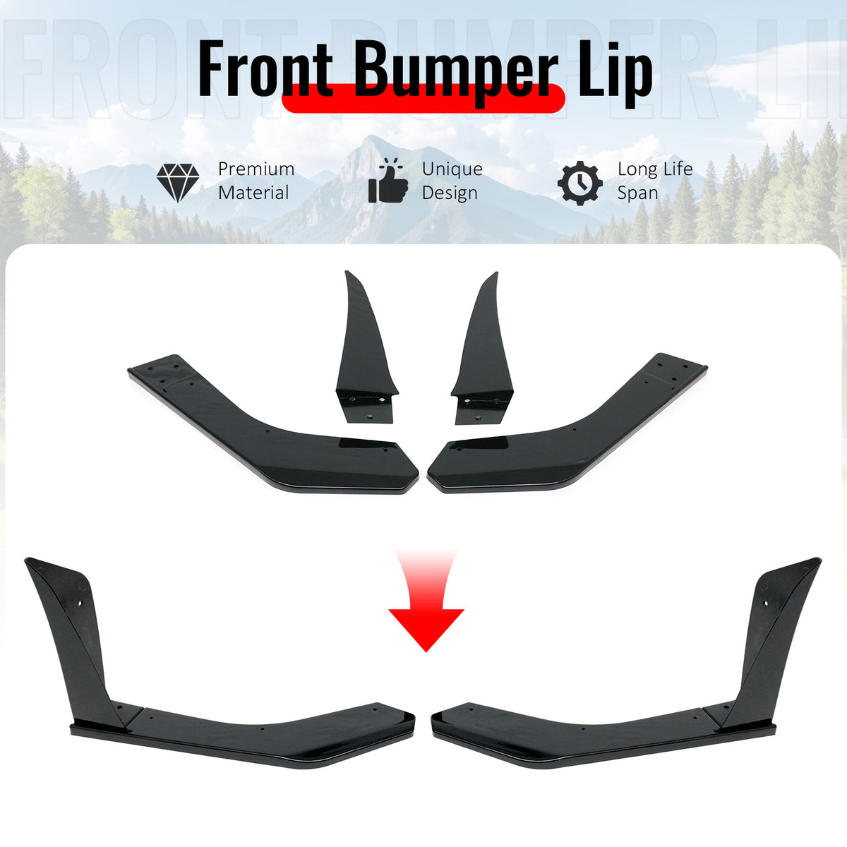 Fits 18-23 Ford Mustang Ecoboost/GT GT500 Front Bumper Winglets Gloss Black 2PCS