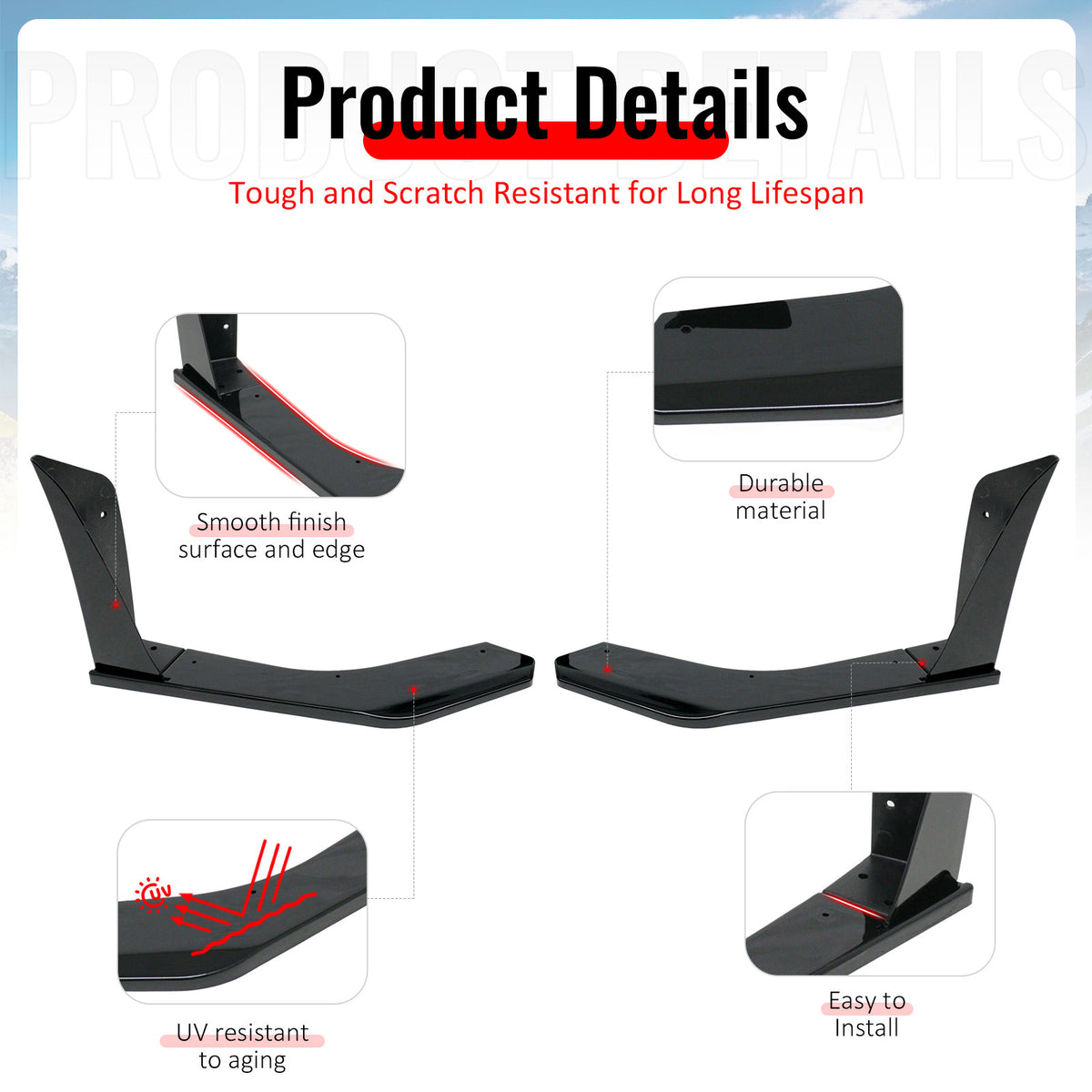 Fits 18-23 Ford Mustang Ecoboost/GT GT500 Front Bumper Winglets Gloss Black 2PCS