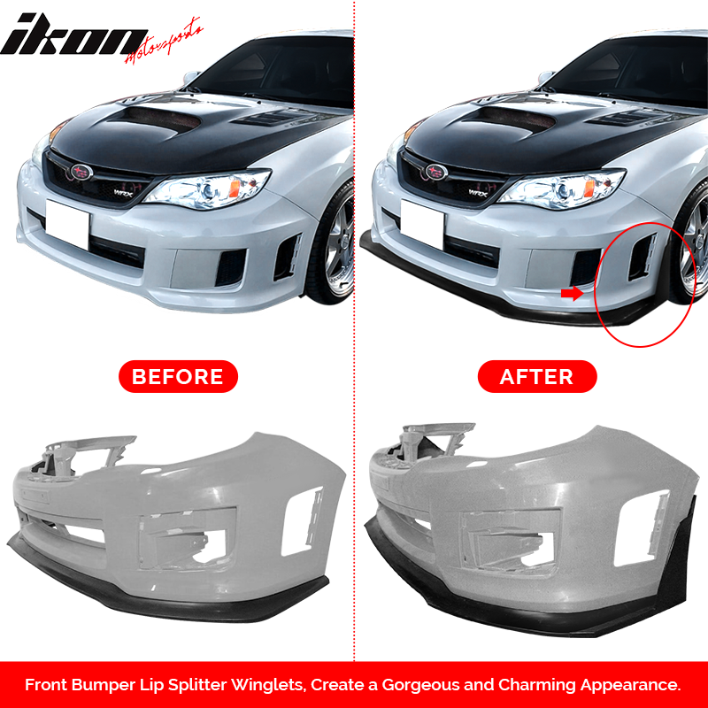 IKON MOTORSPORTS, Front Lip Splitter Winglets Compatible With 2011-2014 Subaru WRX STI, 2PCS Front Bumper Chin Winglets PU Poly Urethane Unpainted Black Ikon V6 Style, 2012 2013
