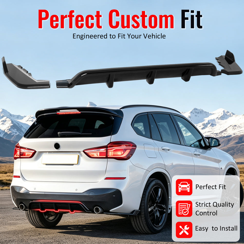 Fits 16-22 BMW F48 X1 M Sport 3PCS IKON Style Rear Bumper Diffuser Gloss Black