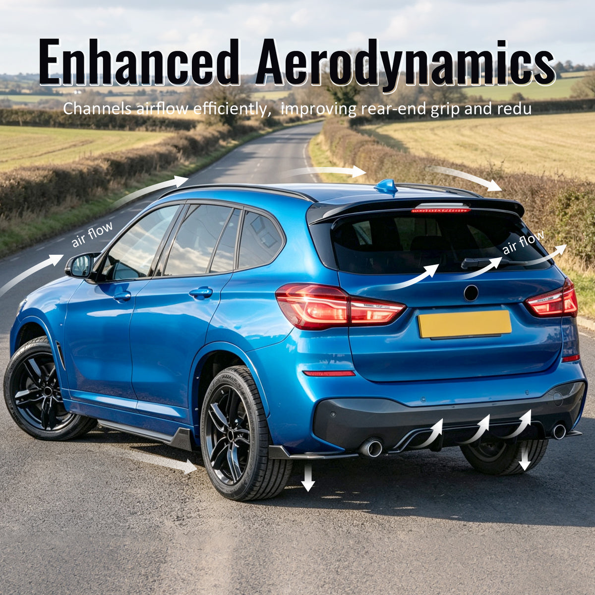 Fits 16-22 BMW F48 X1 M Sport 3PCS IKON Style Rear Bumper Diffuser Gloss Black