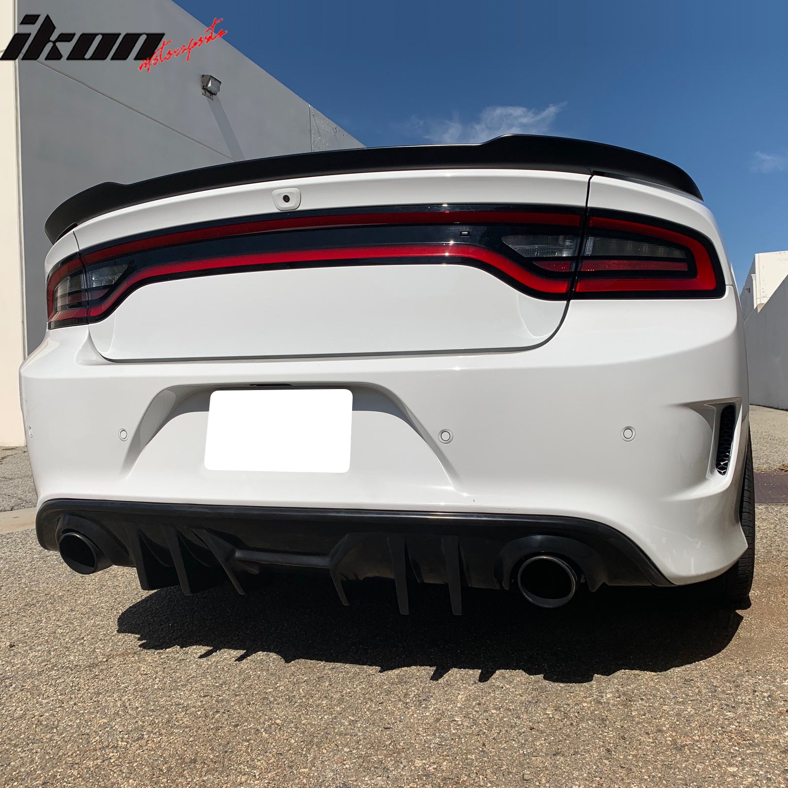 IKON MOTORSPORTS Rear Diffuser, Compatible with 2015-2020 Dodge Charger SRT Scat Pack, MDP V2 Style Unpainted PU Shark Fin Rear Bumper Valance Spoiler, Air Dam Chin Splitter Molding 1Piece