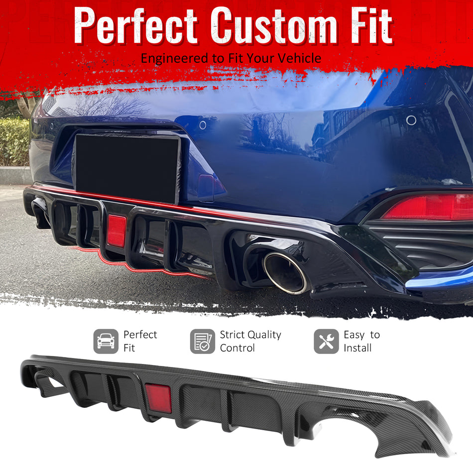 IKON MOTORSPORTS Rear Bumper Lip W/ Brake Light Lamp, Compatible with 2017-2022 INFINITI Q60, Carbon Fiber Print PP Shark Fin Rear Lower Spoiler Air Dam Chin Valance Splitter 1PC