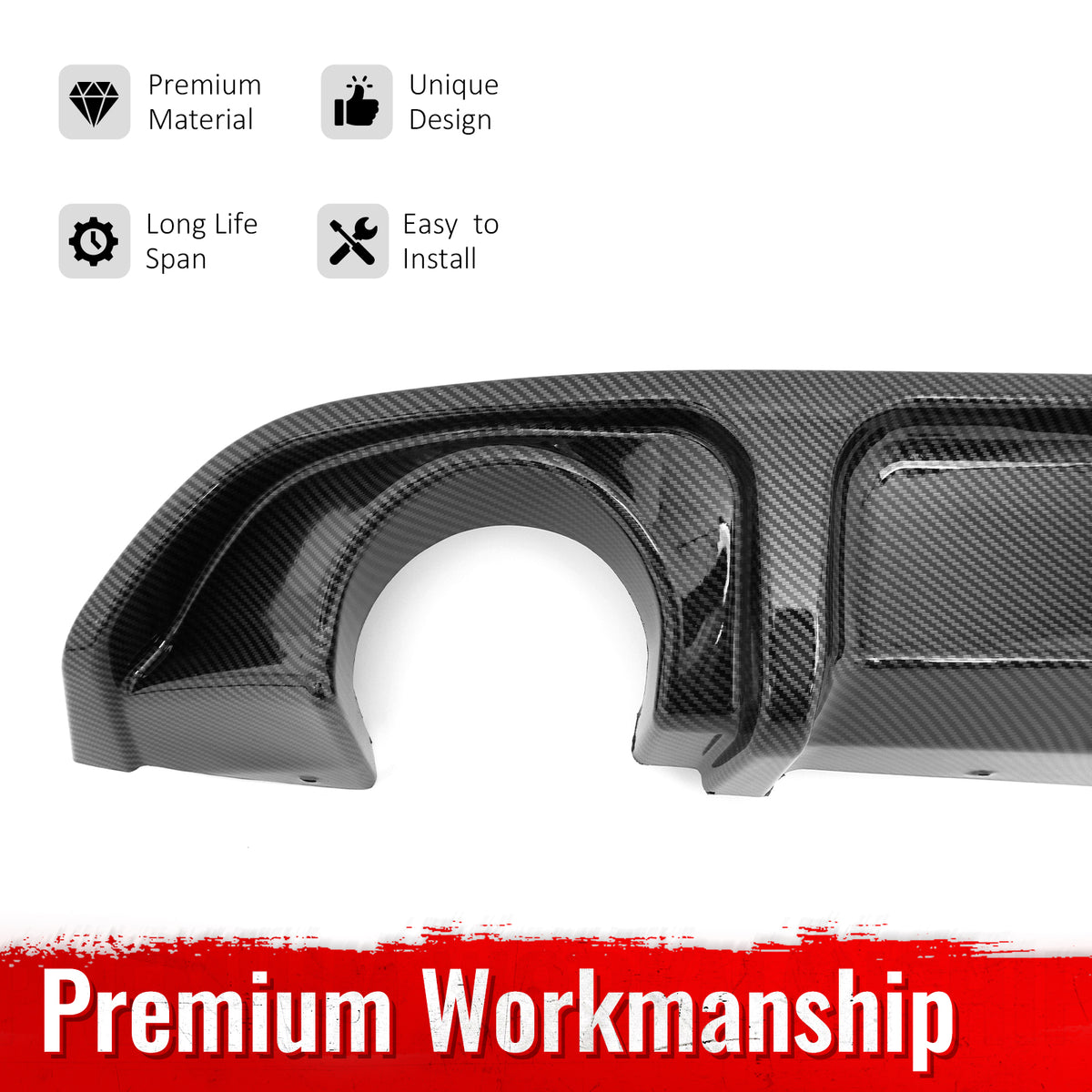 Fits 17-22 INFINITI Q60 LED Rear Bumper Diffuser Lip W/ 4-Fin Carbon Fiber Print