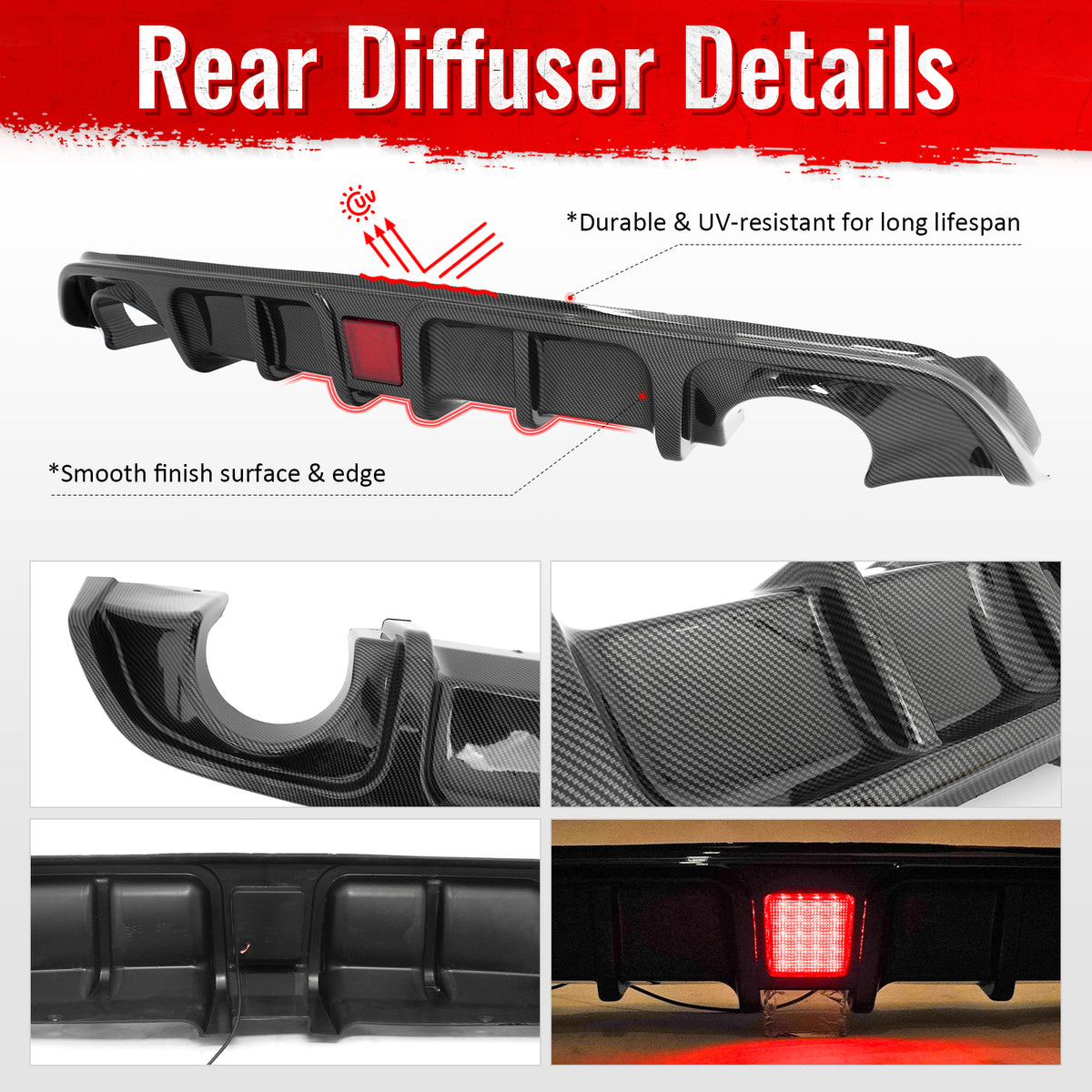 Fits 17-22 INFINITI Q60 LED Rear Bumper Diffuser Lip W/ 4-Fin Carbon Fiber Print
