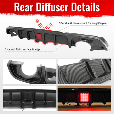 Fits 17-22 INFINITI Q60 LED Rear Bumper Diffuser Lip W/ 4-Fin Carbon Fiber Print