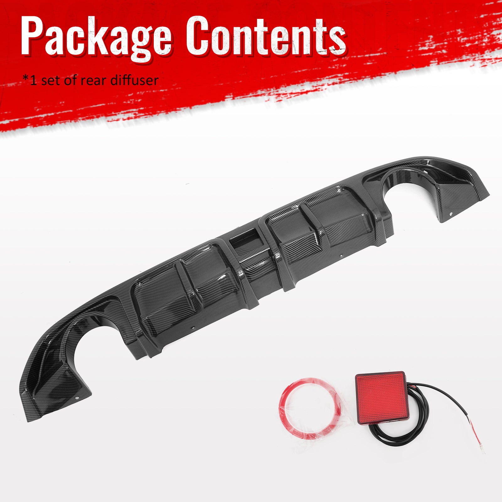 Fits 17-22 INFINITI Q60 LED Rear Bumper Diffuser Lip W/ 4-Fin Carbon Fiber Print