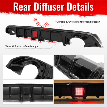Fits 17-22 INFINITI Q60 LED Rear Bumper Diffuser Lip W/ 4-Fin PP Gloss Black