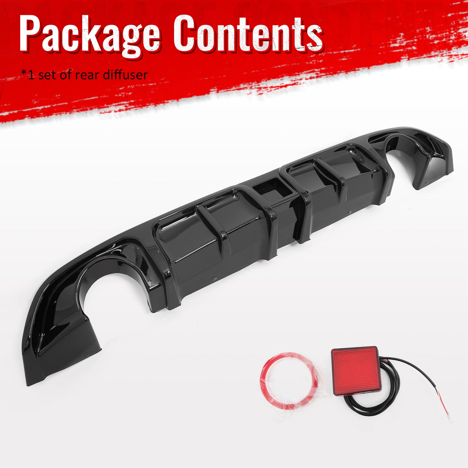 Fits 17-22 INFINITI Q60 LED Rear Bumper Diffuser Lip W/ 4-Fin PP Gloss Black