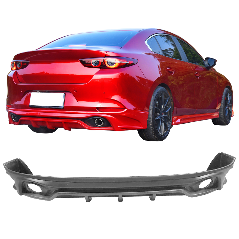 IKON MOTORSPORTS, Rear Bumper Lip Compatible With 2019-2020 Mazda 3 Sedan, 4-Door Rear Lip Bumper Diffuser Spoiler Matte Black PP Polypropylene