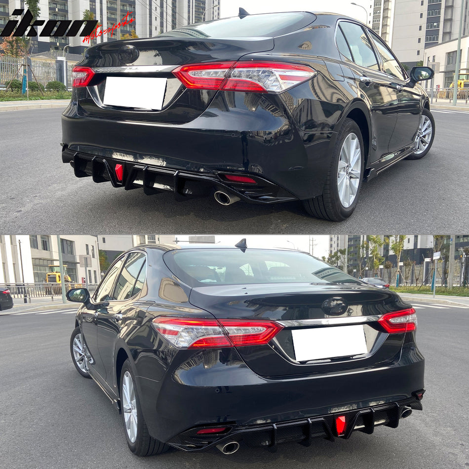 IKON MOTORSPORTS, Rear Bumper Diffuser Lip W/ Light Compatible With 2018-2024 Toyota Camry LE XLE, Carbon Fiber Print Injection PP Add On Air Dam Rear Lower Bumper Protector Lip Bodykits