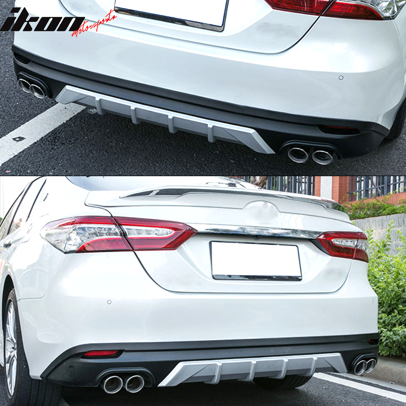 Rear Bumper Lip Diffuser Compatible With 2018-2024 Toyota Camry, V3 Rear Bumper Lip Unpainted Black With Silver Trim PP By IKON MOTORSPORTS