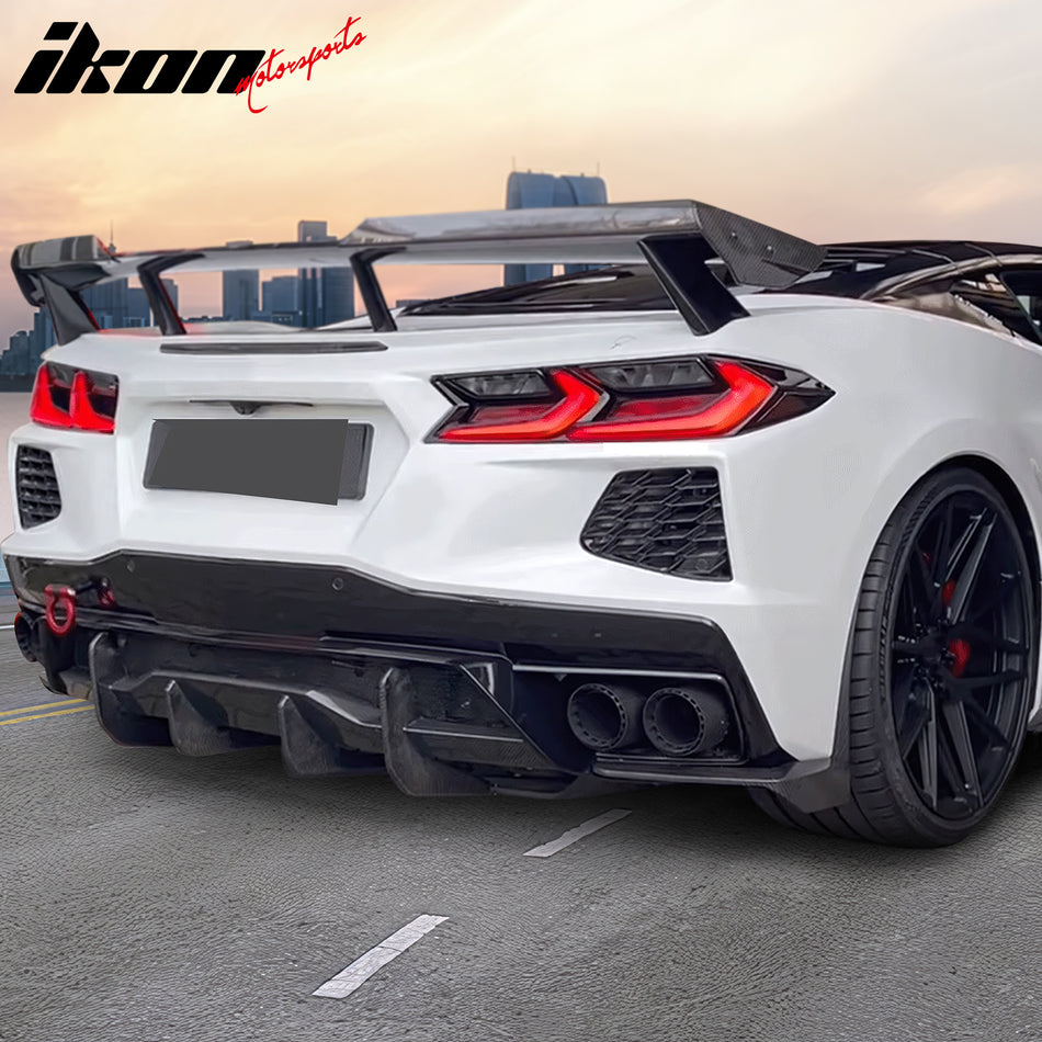 IKON MOTORSPORTS, Rear Bumper Lip Diffuser Compatible With 2020-2025 Chevrolet Corvette Stingray/Z51, Carbon Fiber 2PC Side Corner Valance Spats Splitter Aprons, 2021 2022 2023