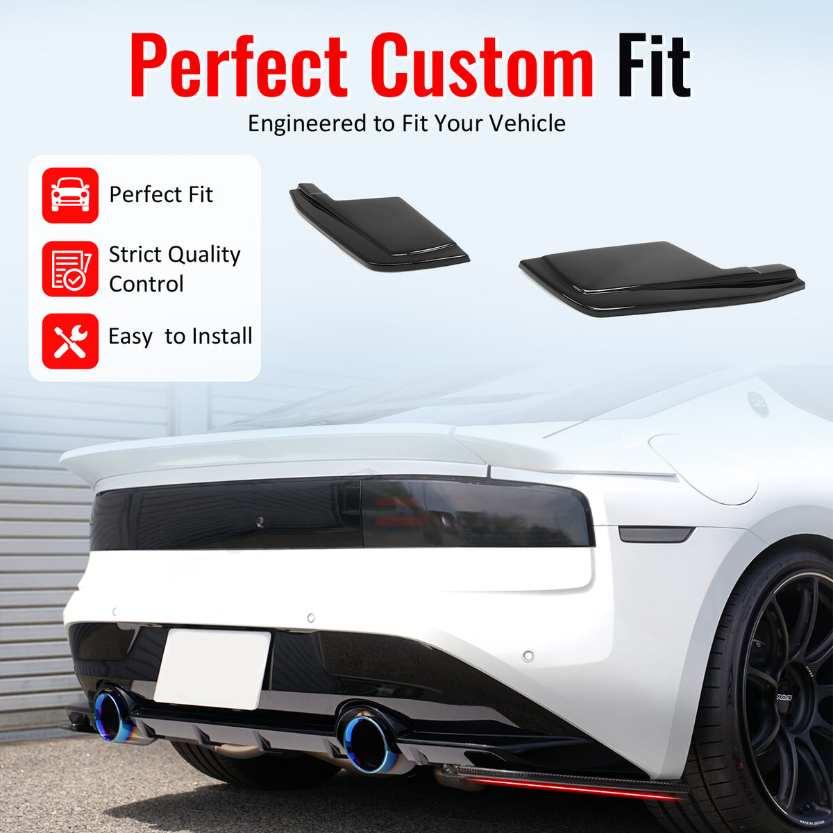 IKON MOTORSPORTS Rear Aprons, Compatible with 2023-2026 Nissan Z (400Z), V Style Gloss Black ABS Rear Bumper Lip Lower Side Spat Valance Winglet Canard Protector Pair