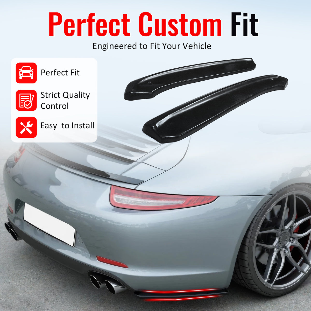 IKON MOTORSPORTS Rear Bumper Lip Apron Splitter, Compatible with 2012-2016 Porsche 991.1 911, MX Style Unpainted Black PU Rear Diffuser Spat Valance Winglet Canard Protector 2PCS
