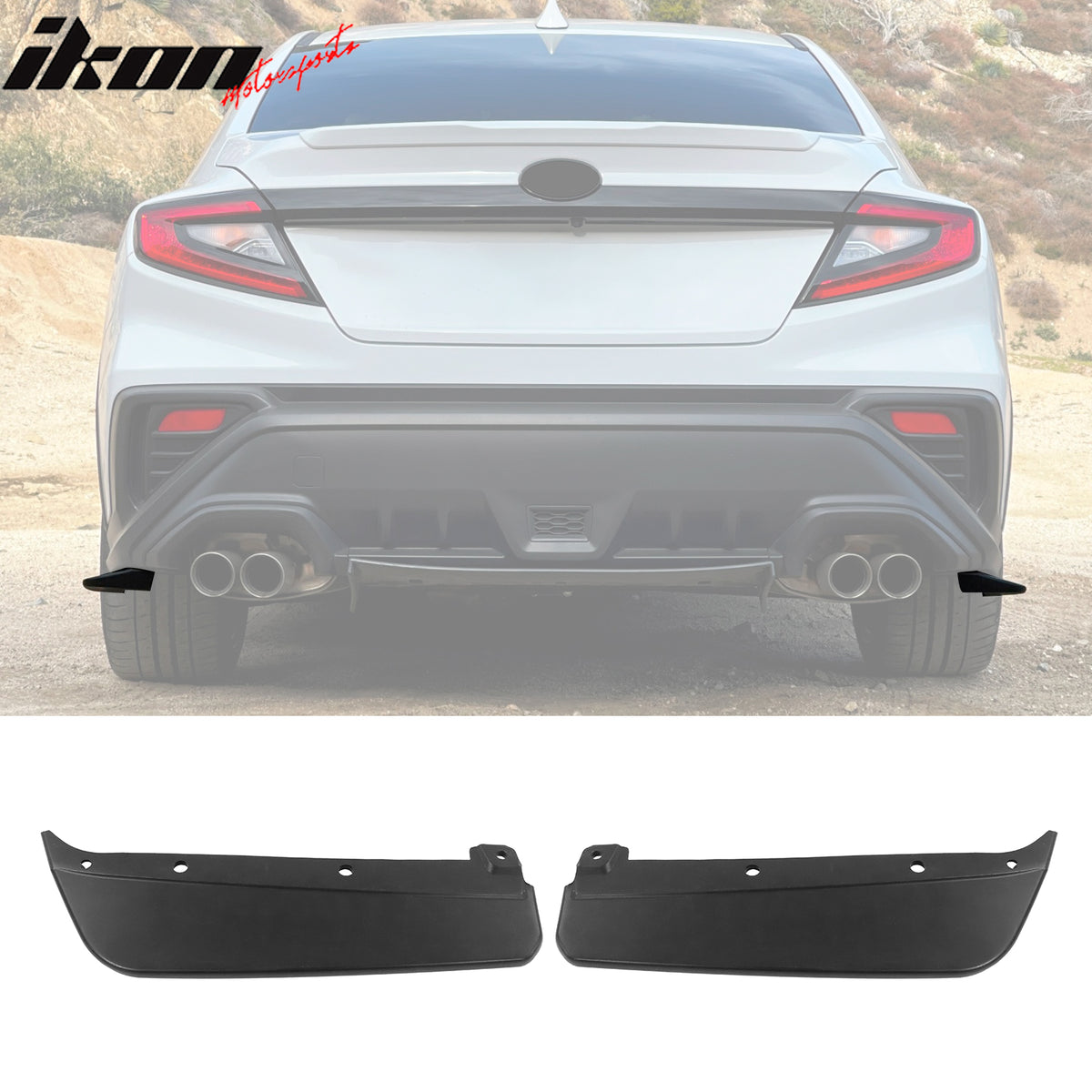 IKON MOTORSPORTS, Rear Bumper Splitters Compatible With 2022-2024 Subaru WRX Sedan 4-Door, Unpainted Black STI Style PP Add On Air Dam Rear Spats Splitter Bumper Canards 2PCS