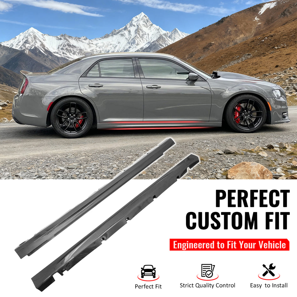 IKON MOTORSPORTS, Side Skirts Extension Compatible with Fits 2011-2023 Chrysler 300 All Models, SRT Style PP Carbon Fiber Print Rocker Panel Splitter Side Underbody Spoiler 2PCS
