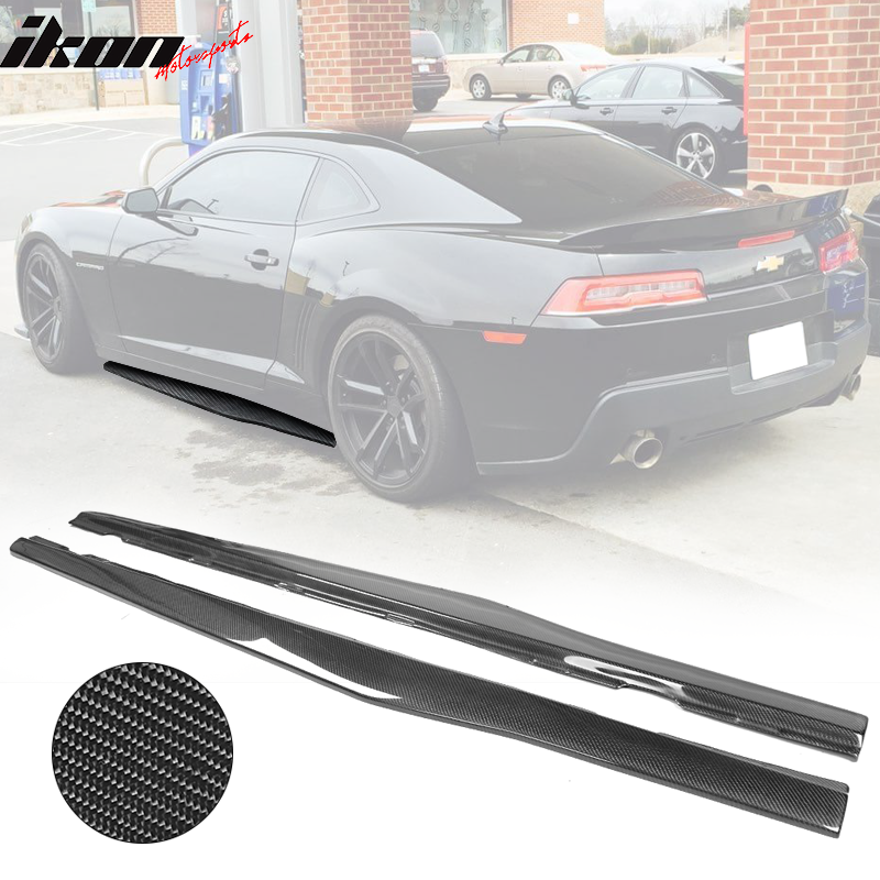 IKON MOTORSPORTS, Side Skirts Compatible With 2010-2015 Chevrolet Camaro , Matte Carbon Fiber IKON Style Side Skirt Extension Rocker Panel Pair, 2011 2012 2013 2014