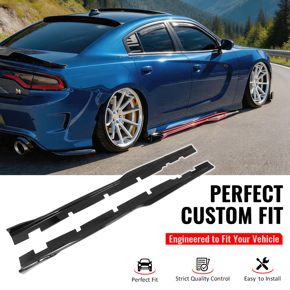 Fit 2012-2023 Dodge Charger SRT Side Skirts Extension Gloss Black