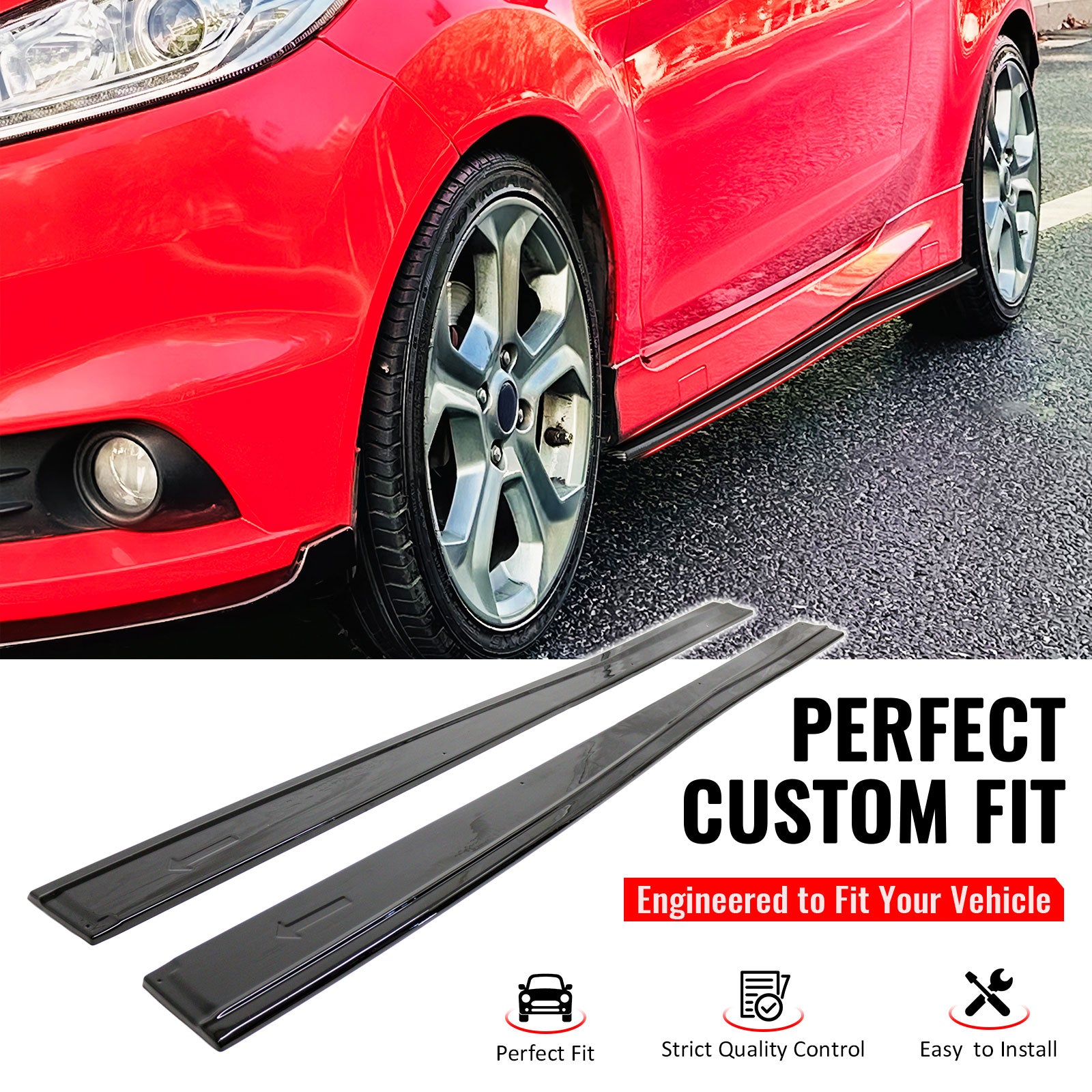 IKON MOTORSPORTS, Side Skirts Extension Compatible with 2014-2019 Ford Fiesta ST & ST Line, IKON Style Gloss Black ABS Plastic Rocker Panel Splitter Side Underbody Spoiler 2PCS