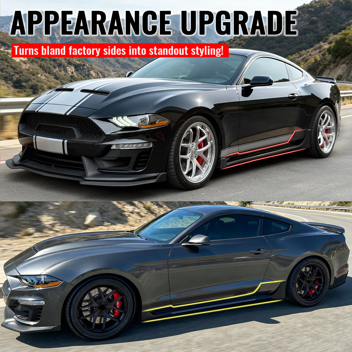 For 15-23 Ford Mustang Side Skirts Shelby Super Snake Rocker Panel Extension Kit