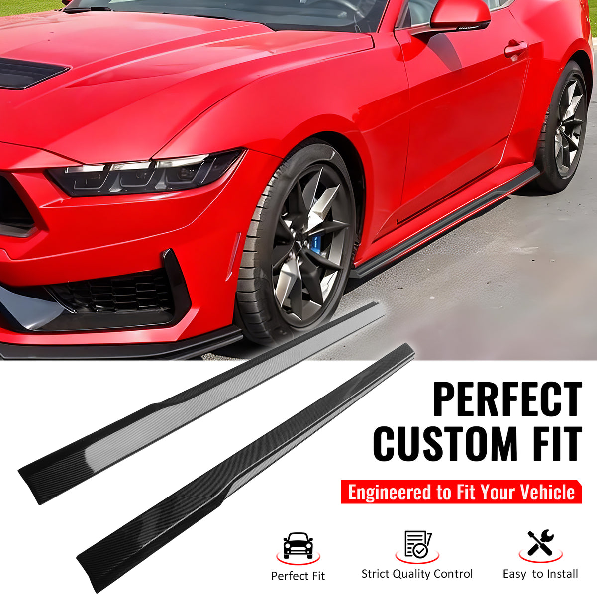 IKON MOTORSPORTS, Side Skirts Diffuser Compatible with 2024-2026 Ford Mustang, IKON Style ABS Plastic Carbon Fiber Print Rocker Panel Splitter Side Underbody Spoiler