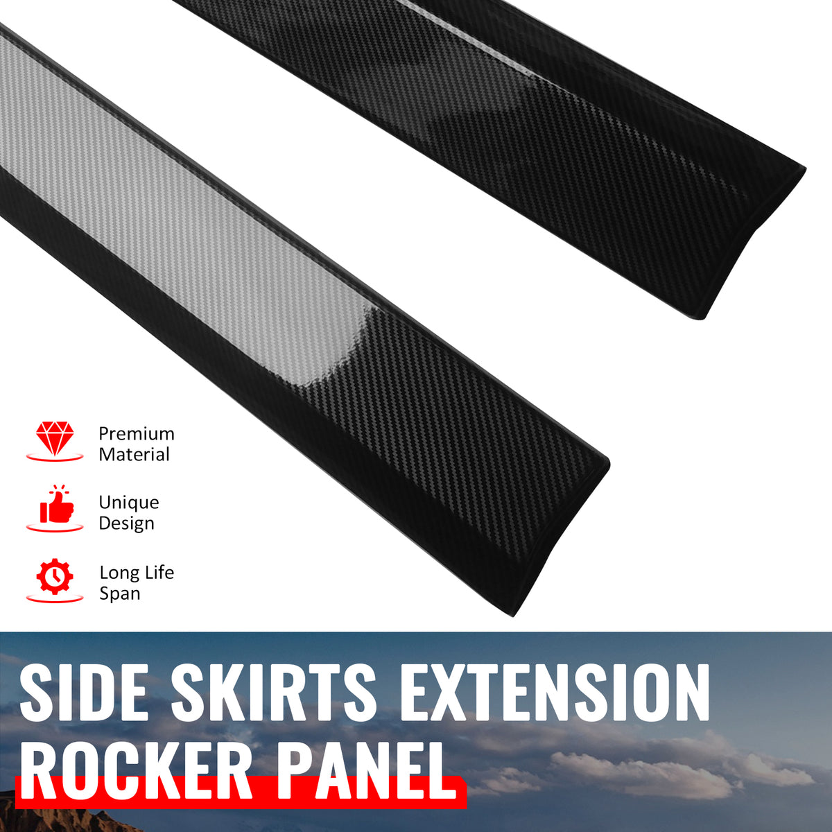 Fits 24-26 Ford Mustang 7th Gen IKON Style Carbon Fiber Print Side Skirts Add on