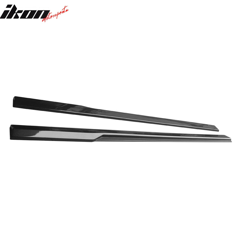 IKON MOTORSPORTS, Side Skirts Extension Compatible with 2024-2025 Ford Mustang, IKON Style ABS Plastic Carbon Fiber Print Rocker Panel Splitter Side Underbody Spoiler