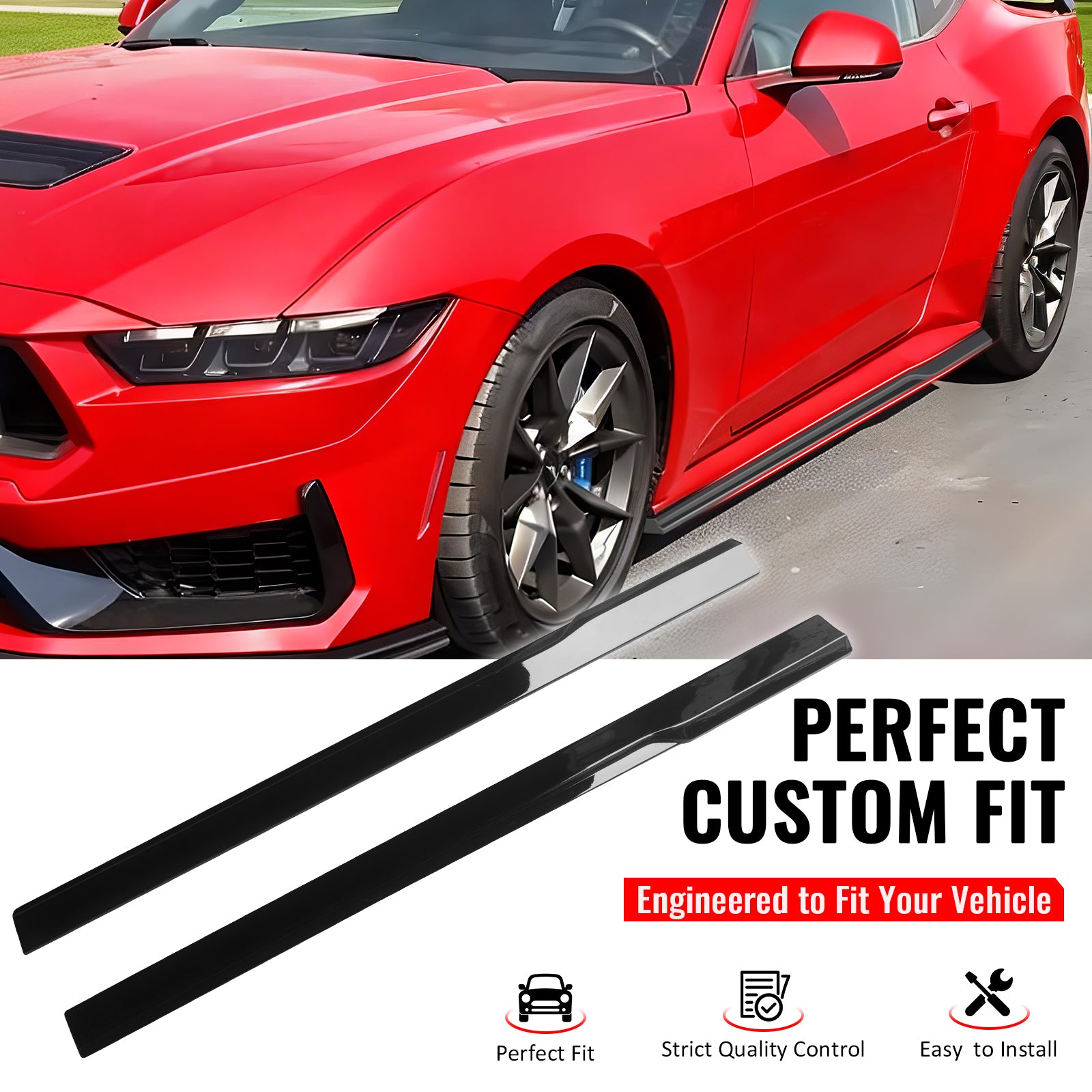 IKON MOTORSPORTS, Side Skirts Diffuser Compatible with 2024-2026 Ford Mustang, IKON Style ABS Plastic Gloss Black Rocker Panel Splitter Side Underbody Spoiler
