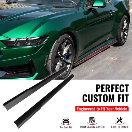IKON MOTORSPORTS, Side Skirts Extension Compatible with 2024-2026 Ford Mustang, IKON Style ABS Plastic Matte Black Rocker Panel Splitter Side Underbody Spoiler