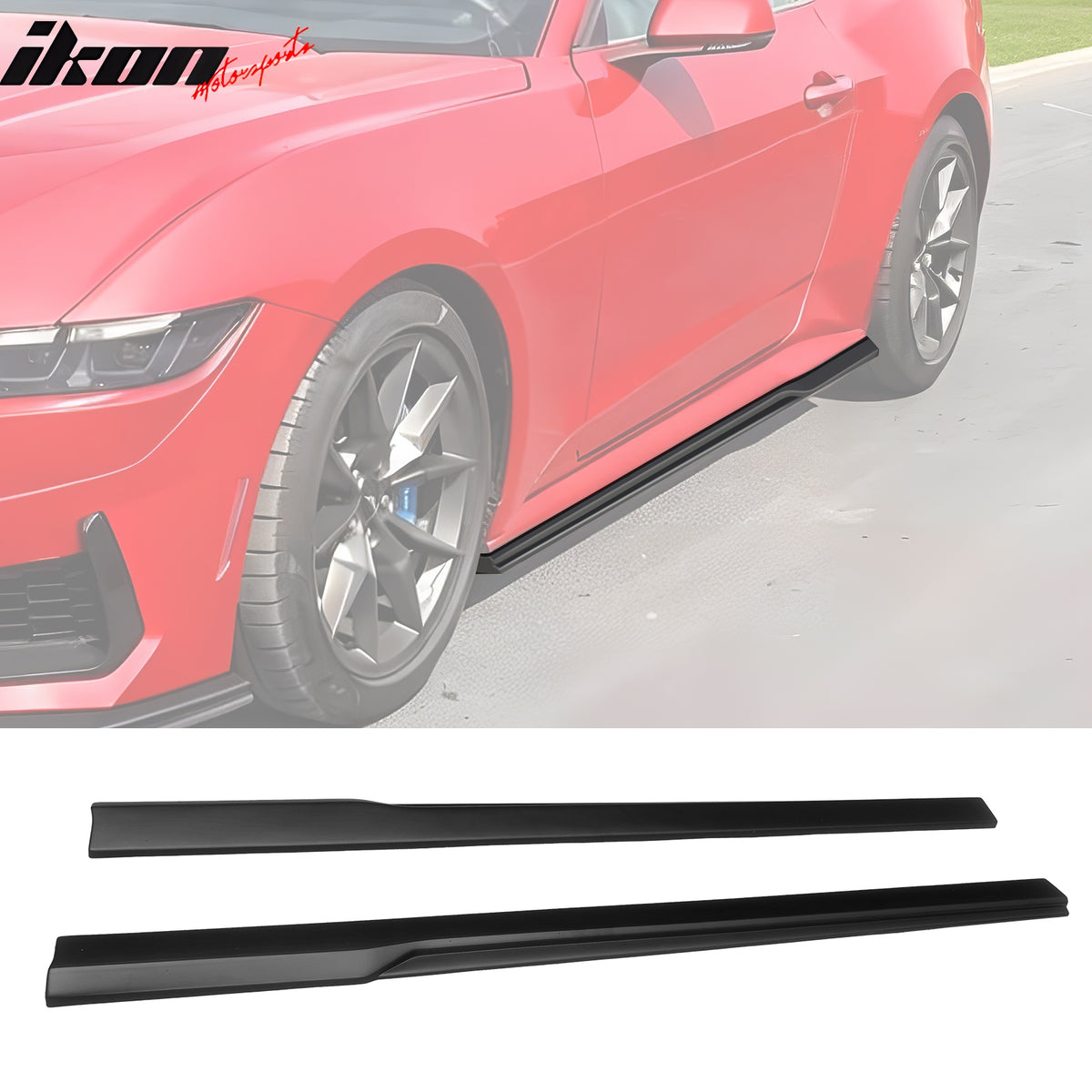 IKON MOTORSPORTS, Side Skirts Extension Compatible with 2024-2025 Ford Mustang, IKON Style ABS Plastic Rocker Panel Splitter Side Underbody Spoiler