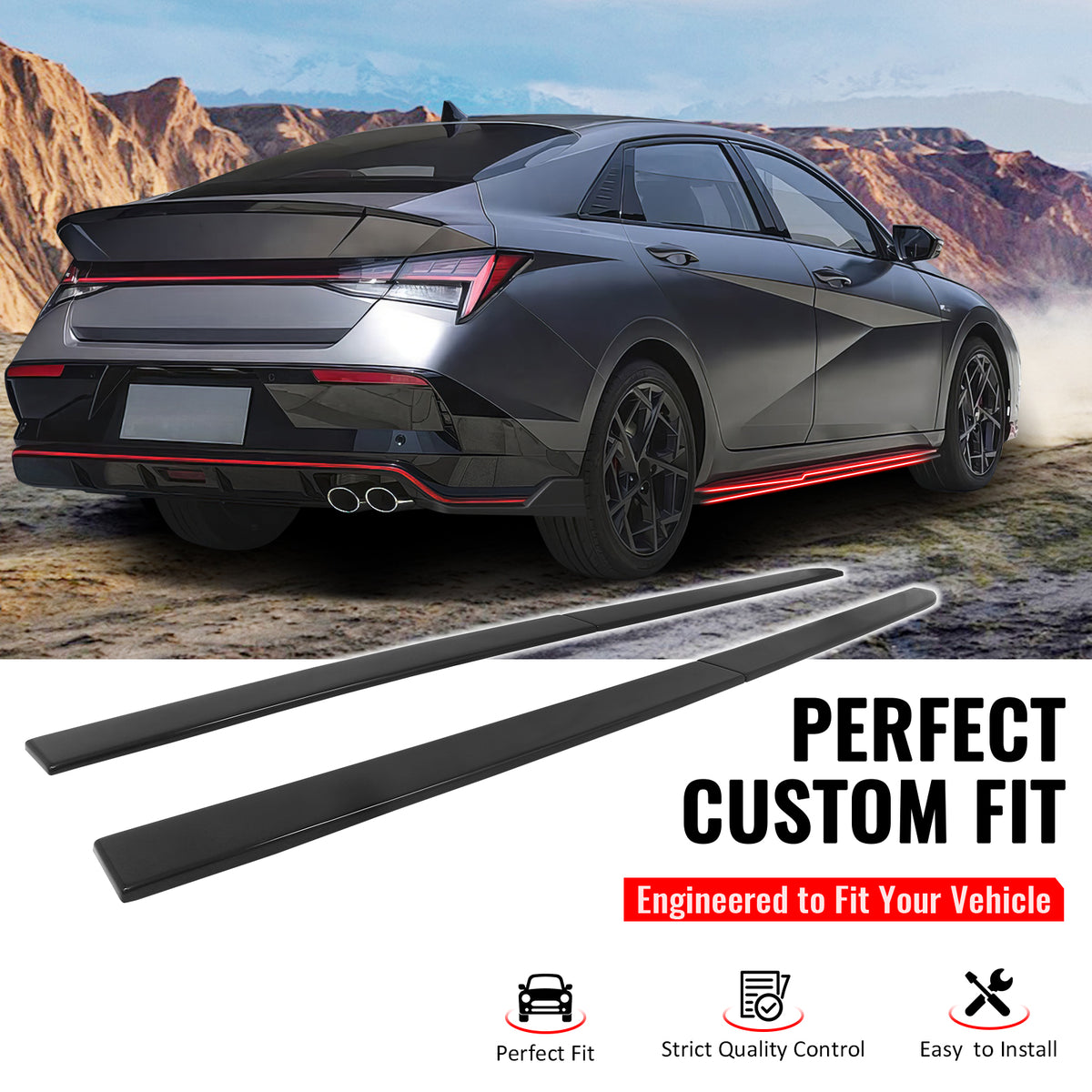 IKON MOTORSPORTS, Side Skirts Extension Compatible with 2021-2026 Hyundai Elantra N Line, IKON Style ABS Gloss Black Rocker Panel Splitter Side Underbody Spoiler 4PCS