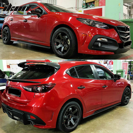 Side Skirts Compatible With 2014-2018 Mazda 3, K-Style Unpainted Black ABS Plastic Step Extension Lip Splitters By IKON MOTORSPORTS, 2015 2016 2017